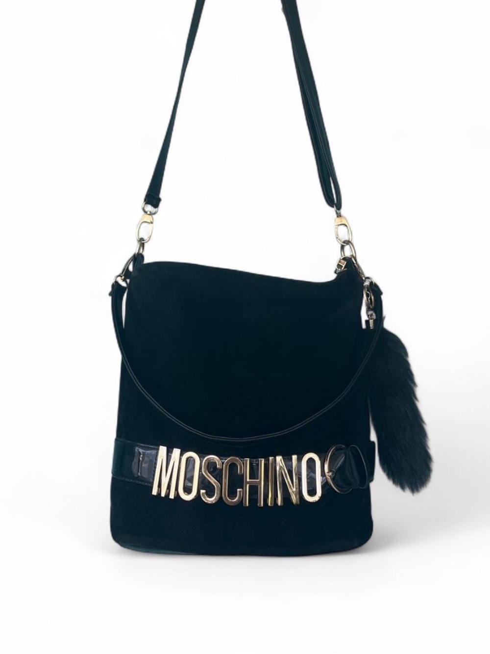 Vtg Moschino Black Suede Leather Bucket Hobo Fox Tail Bag Gold Lettering Logo